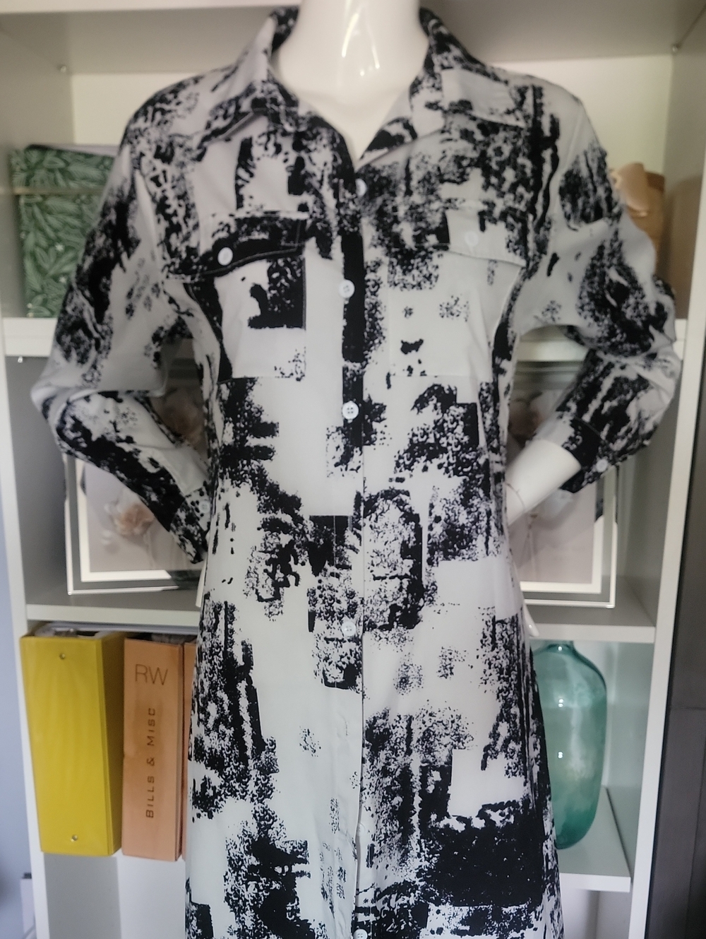 Abstract Black & White Long Sleeve Shirt Dress